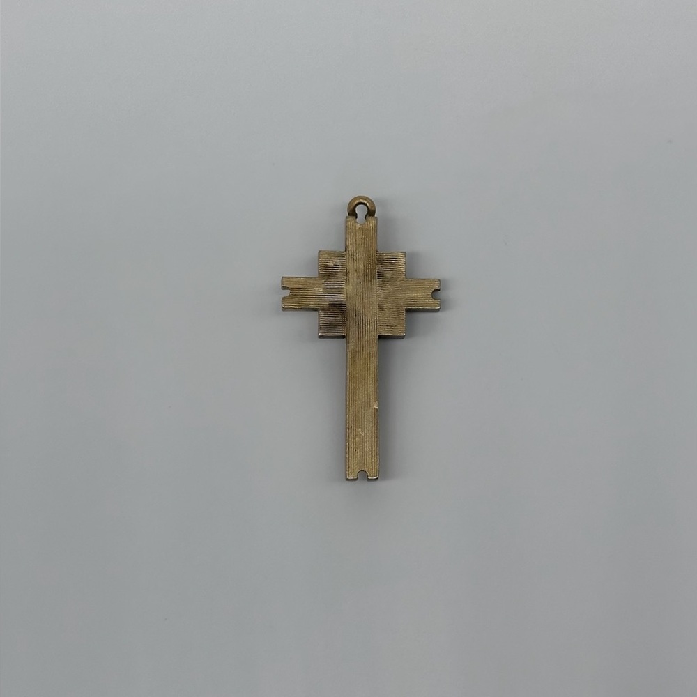 Vintage Enamel Crucifix Pendant | Brass Cross Religious Pendant - Picture 2 of 2